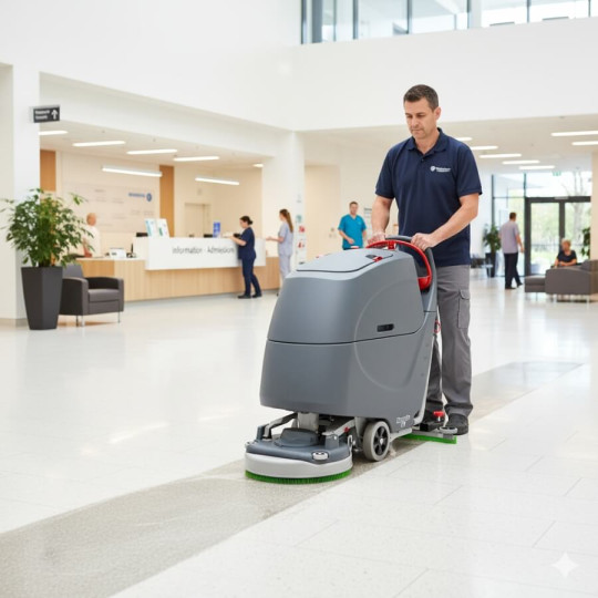 Employé utilsant l'autolaveuse TBL6055 Numatic dans un hall d'hopital