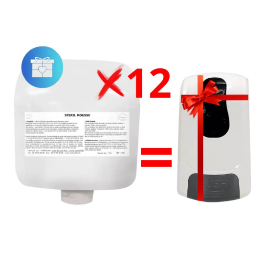 Pack 12 cartouches savon mains mousse antibactérien + 1 distributeur blanc offert