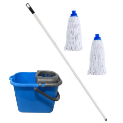 Balai espagnol 2 Franges coton 200g - manche métal - seau 15L