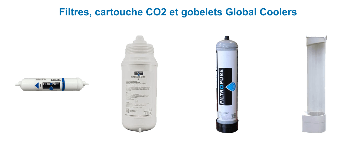 Consommables Global Coolers : filtre 5000 Everest Glacier, filtre anti-calcaire Filtropure Arôme S, cartouche CO2 et distributeur de gobelets
