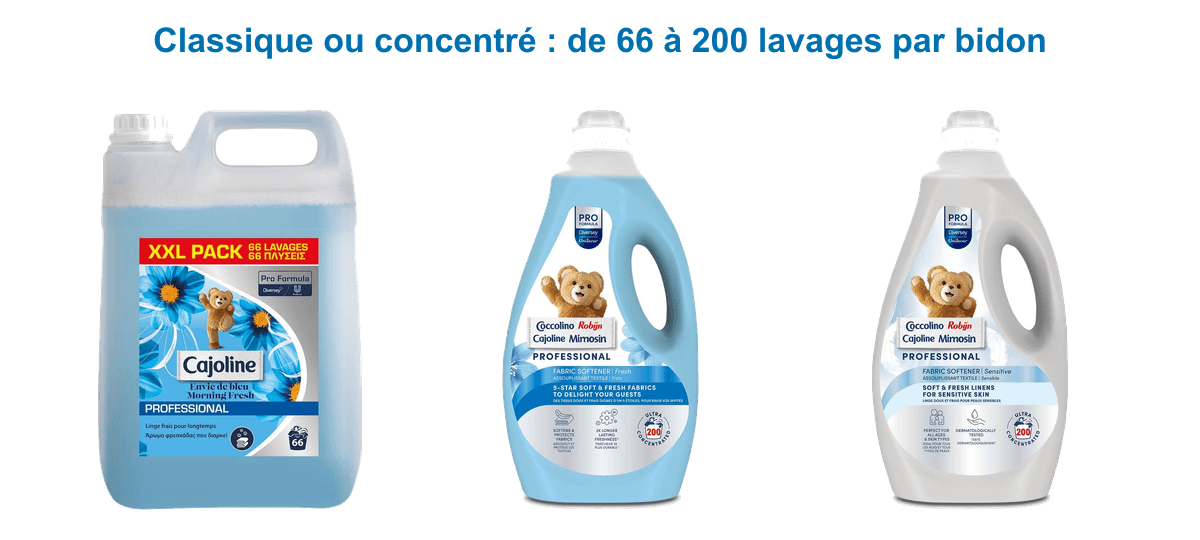 Adoucissant Cajoline concentré DeoSoft de 66 à 200 lavages, dosage et parfum longue durée pour blanchisserie professionnelle