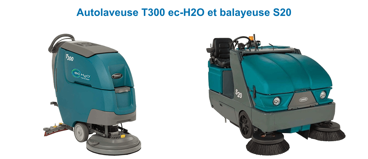 Autolaveuse Tennant T300 équipée de la technologie ec-H2O NanoClean et balayeuse autoportée S20
