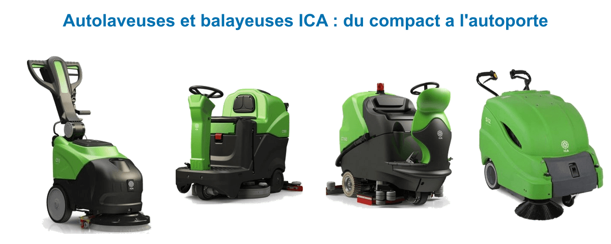 Autolaveuses ICA à câble 35 cm, autoportée 80 L et 160 L, et balayeuse accompagnée à batterie 700 mm