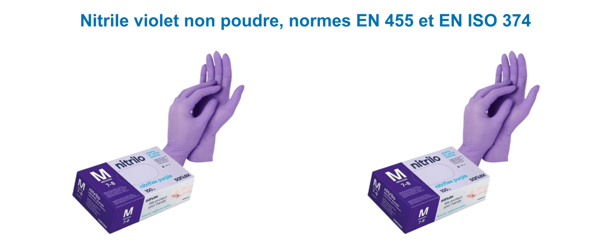 Gants nitrile violet Santex non poudrés conformes EN 455 et EN ISO 374, usage alimentaire et médical