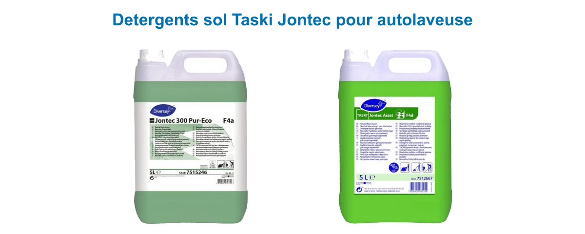 Détergents sol Taski Jontec pour autolaveuse : nettoyant 300 Pur-Eco F4a et détergent neutre Asset F4d en bidon de 5 L