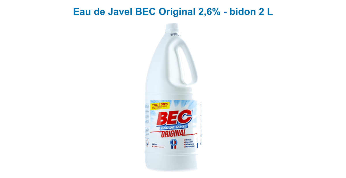Eau de Javel BEC Original 2,6% chlore actif en bidon de 2 L, vue de face