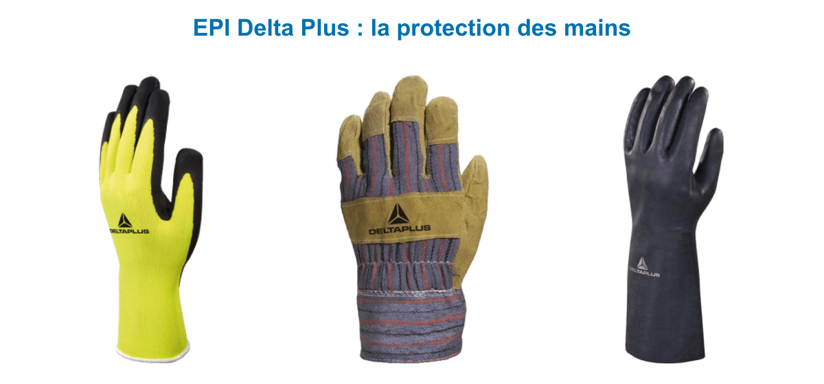 EPI Delta Plus pour la protection des mains : gant tricot enduit haute visibilité, gant cuir docker et gant néoprène résistance chimique