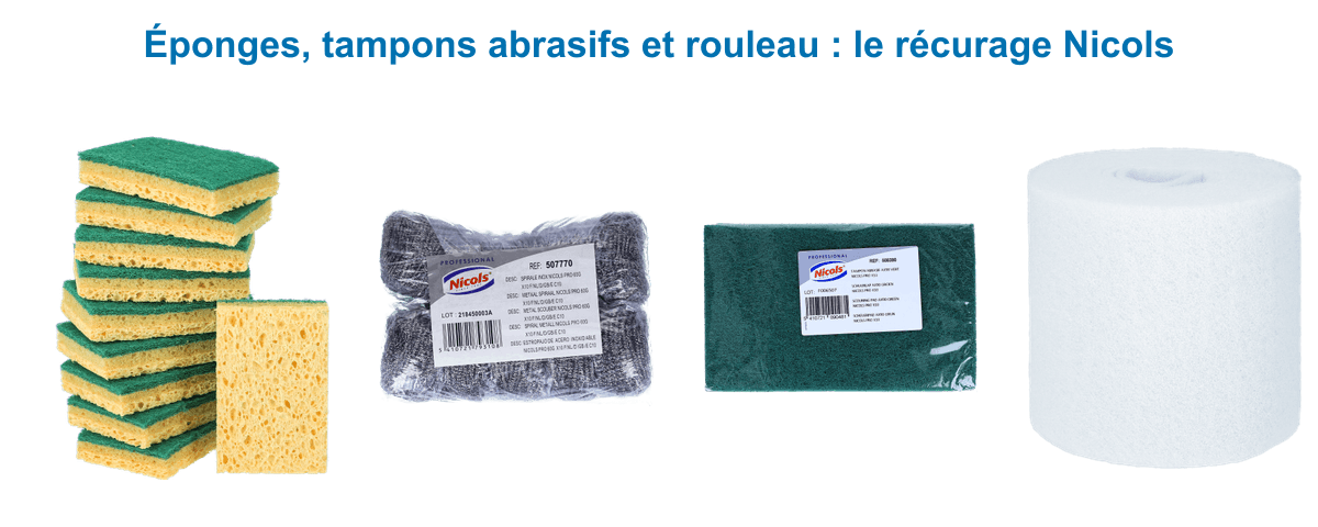 Éponges et abrasifs Nicols : éponge grattoir verte, éponge boule inox, tampon abrasif vert et rouleau abrasif blanc