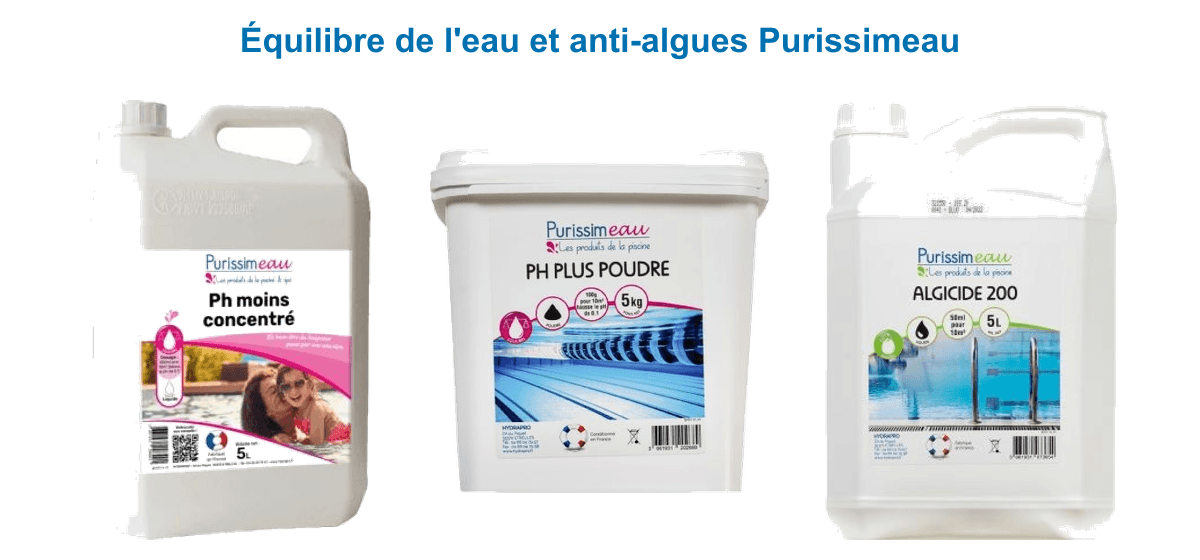 Équilibre de l'eau Purissimeau : pH moins liquide concentré 5 L, pH plus poudre 5 kg et algicide 200 anti-algues 5 L pour piscine