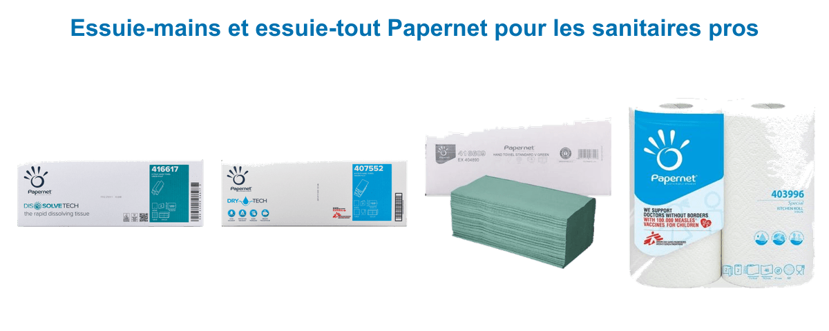 Essuie-mains Papernet pliage Z DissolveTech, pliage W DryTech, pliage V vert et essuie-tout type sopalin en bobine