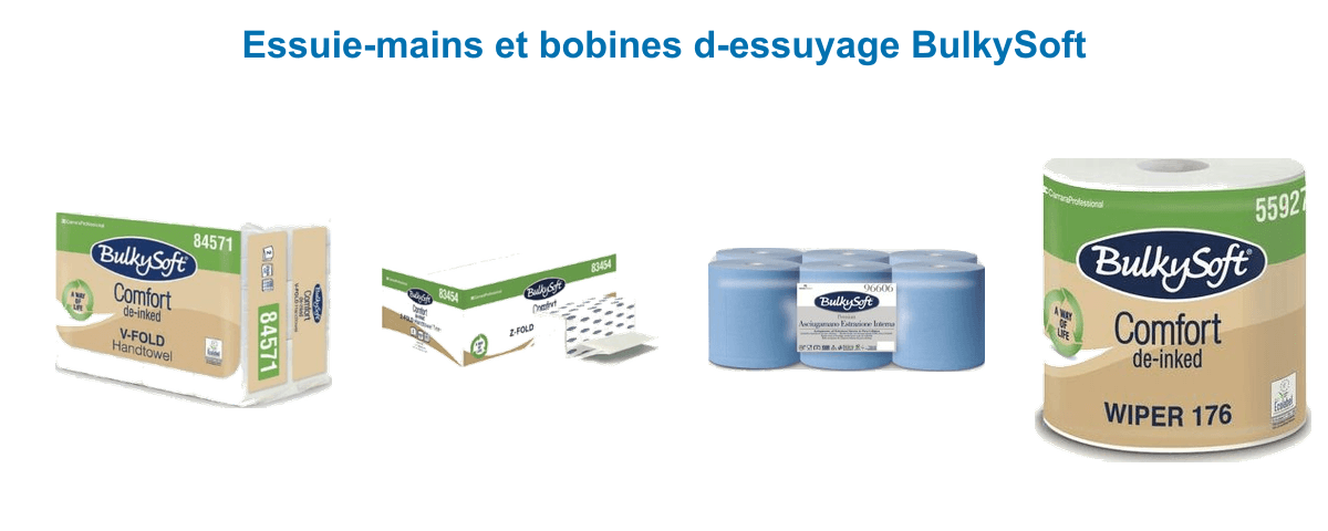 Essuie-mains et bobines d'essuyage BulkySoft : pliage V Confort, pliage Z Confort, bobine à dévidage central bleue et bobine industrielle 800 formats