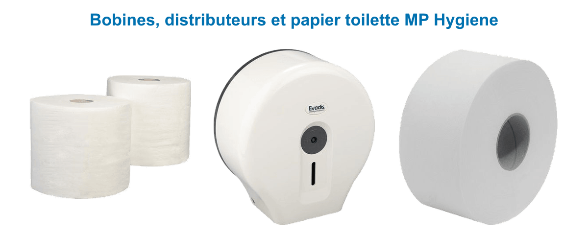 Bobines d'essuyage, distributeur Evadis mini jumbo et rouleau papier toilette MP Hygiène fabriqués en Ardèche