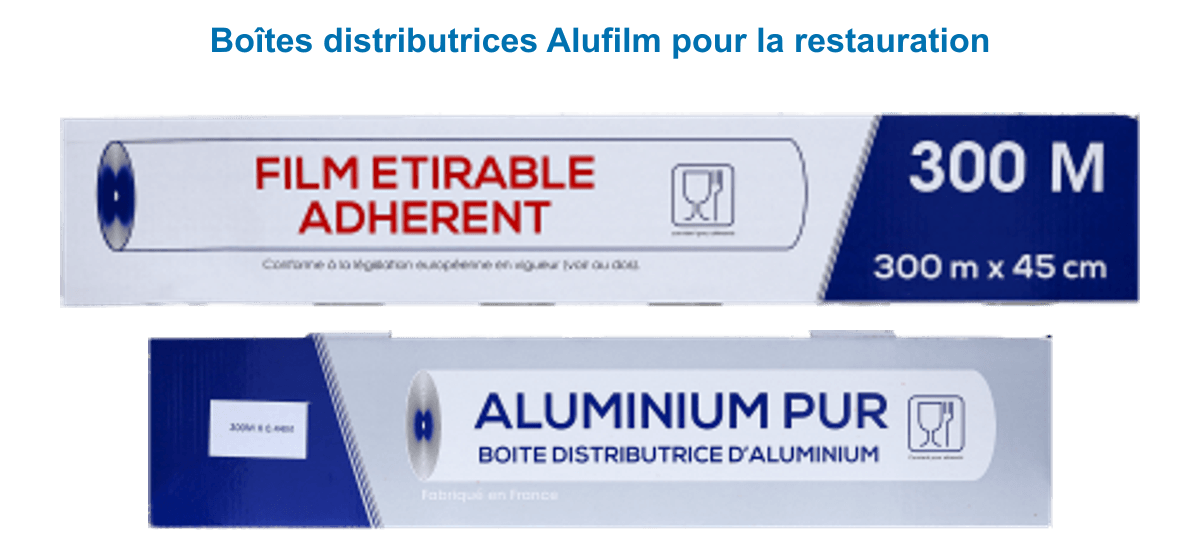 Boîtes distributrices Alufilm : film étirable adhérent 300 m x 45 cm et rouleau de papier aluminium pur 200 m fabriqué en France