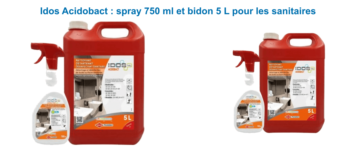Formats Idos Acidobact : pulvérisateur 750 ml prêt à l'emploi et bidon de 5 L pour les sanitaires
