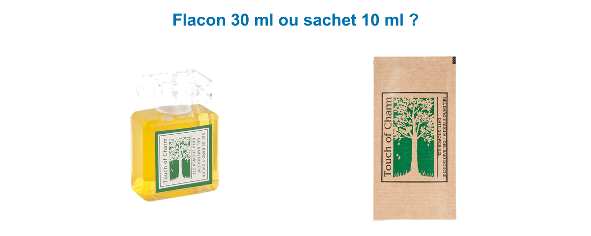 Formats Touch of Charm : flacon individuel 30 ml et sachet kraft 10 ml de produits d'accueil hôtelier