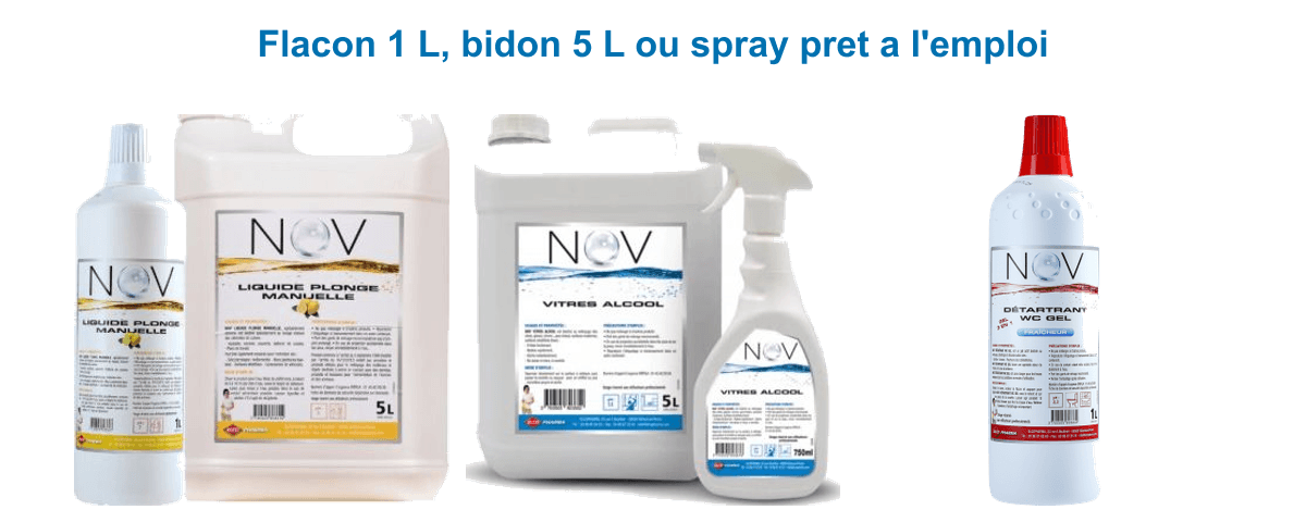 Formats NOV : flacon 1 L, bidon concentré 5 L et spray prêt à l'emploi 750 ml