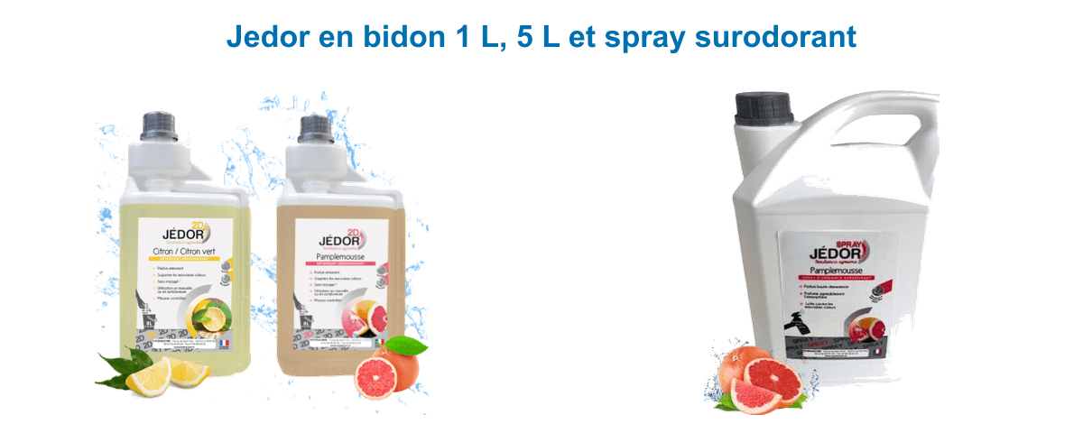 Formats Jedor : détergent désodorisant 2D citron et pamplemousse en bidon 1 L et spray surodorant 5 L