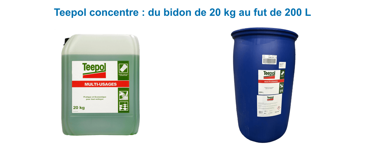 Formats Teepol concentré professionnel : bidon de 20 kg et fût de 200 L pour un dosage économique
