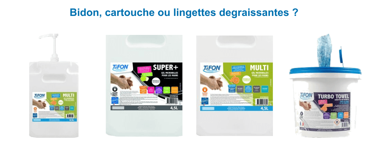 Formats Tifon : gel microbilles Multi en bidon 4,5 L, cartouches Super+ et Force salissures extrêmes, lingettes Turbo Towel
