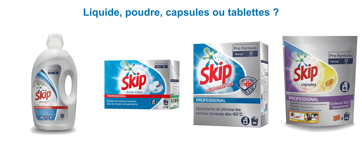 Formats de lessive Skip professionnelle : Ultimate concentré, tablettes, désinfectant plus et capsules