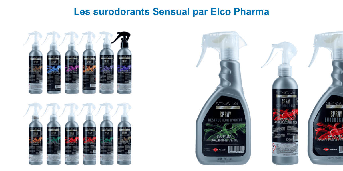 Gamme de surodorants Sensual Elco Pharma : 12 parfums, spray destructeur d'odeur Jacinthe Verte et surodorant Pamplemousse Rose
