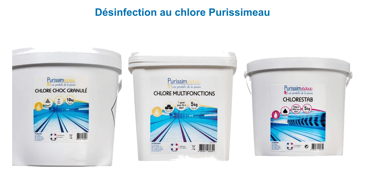 Désinfection au chlore Purissimeau : chlore choc granulé 10 kg, galet de chlore multifonctions 5 kg et stabilisant Chlorestab 5 kg