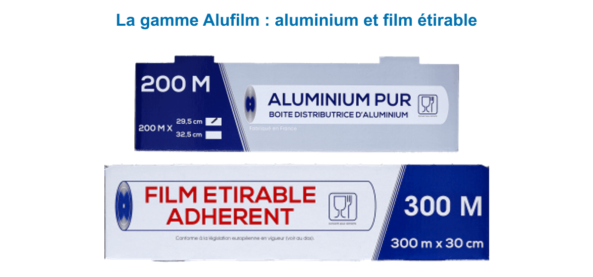 Gamme Alufilm : rouleau de papier aluminium alimentaire en boîte distributrice et film étirable adhérent 300 m x 30 cm