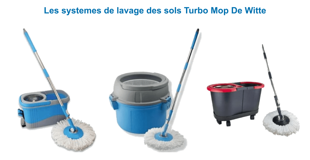 Systèmes de lavage des sols Turbo Mop De Witte : seau essoreur Pro à frange rotative, Kompakt monobac microfibre et kit Duo sur chariot
