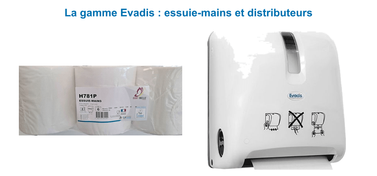 Gamme Evadis : bobines d'essuie-mains 2 plis fabriquées en France et certifiées Écolabel, avec distributeur Autocut à découpe frontale