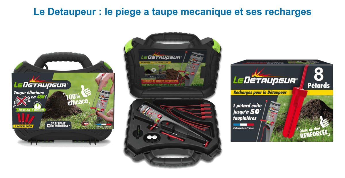 Le Détaupeur : coffret du piège à taupe à pétards fermé et ouvert et boîte de 8 recharges anti-taupes