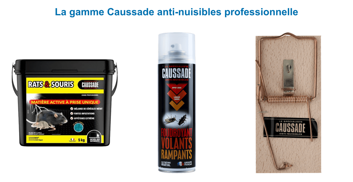 Gamme Caussade anti-nuisibles : raticide souricide céréales 5 kg, insecticide foudroyant volants et rampants, tapette à rat