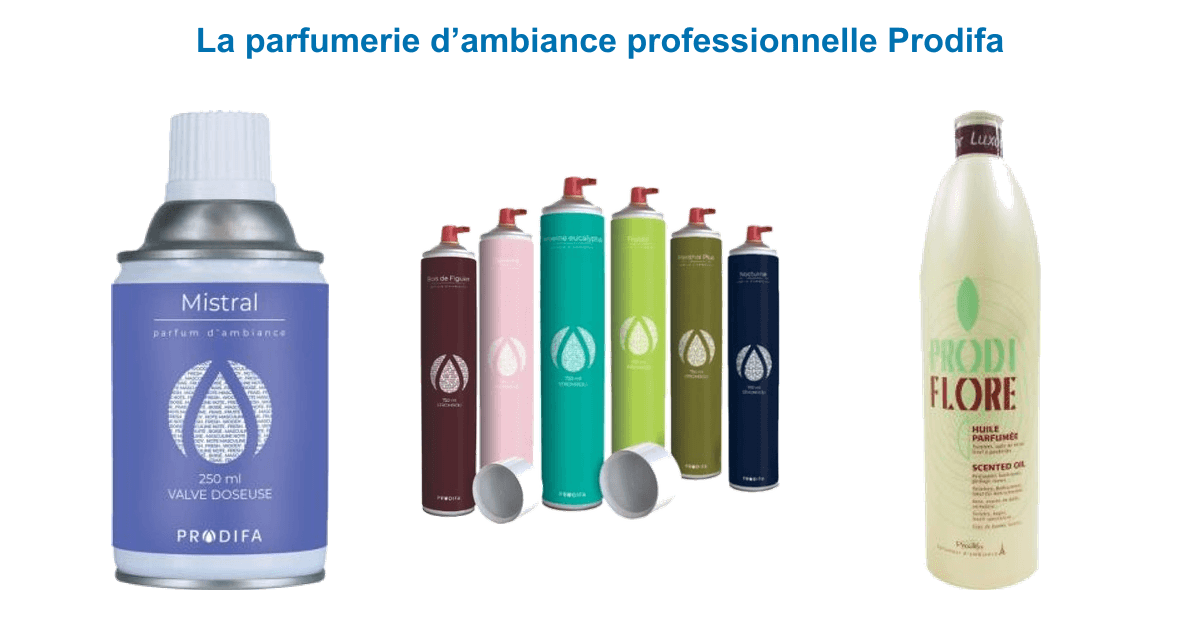 Gamme Prodifa parfumerie d'ambiance professionnelle : recharge aérosol 250 ml Mistral, aérosols surodorants et huile parfumée Luxor