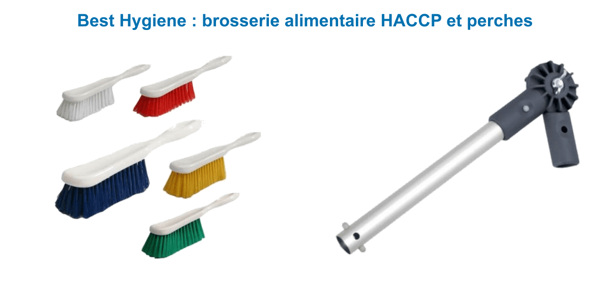 Balayettes alimentaires Best Hygiène à code couleur HACCP (bleu, rouge, jaune, vert, blanc) et coude articulé pour perche télescopique