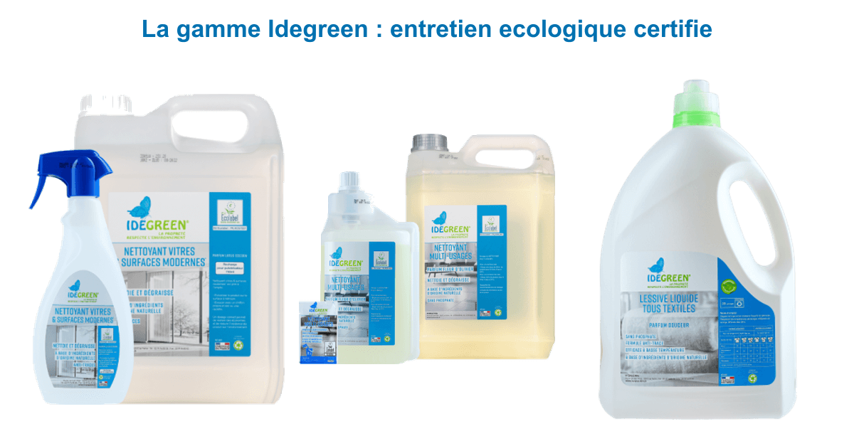 Gamme Idegreen entretien écologique Ecocert : nettoyant vitres et surfaces, nettoyant multi-usages et lessive liquide tous textiles