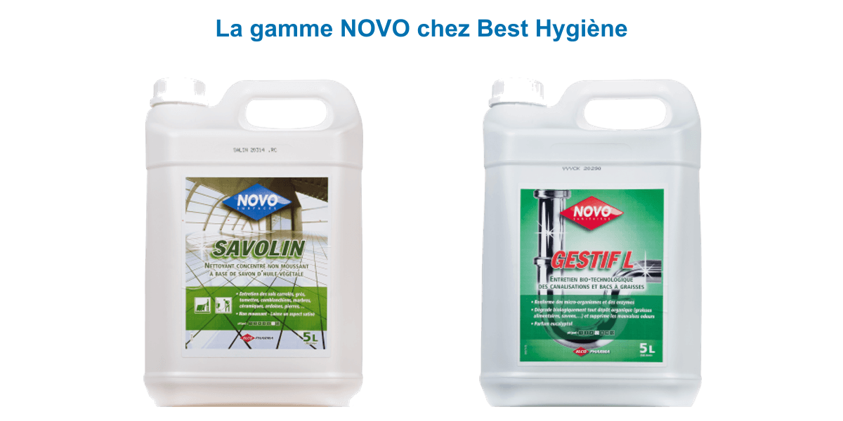 Gamme Novo ElcoPharma : nettoyant Savolin à l'huile de lin 5 L et entretien biotechnologique Gestif L des canalisations 5 L