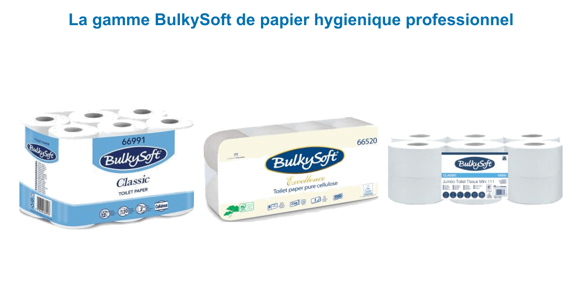 Gamme BulkySoft de papier hygiénique professionnel : paquet plié 2 plis, rouleaux 3 épaisseurs et mini jumbo à dévidage central