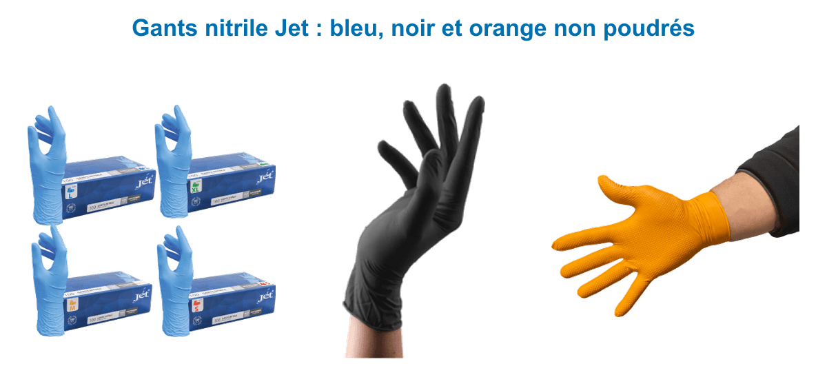 Gamme de gants nitrile Jet non poudrés : bleu, noir Premium et orange en boîte de 100