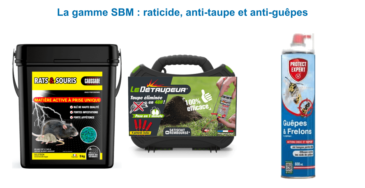 Gamme SBM Life Science anti-nuisibles : raticide Caussade 5 kg, kit anti-taupe Le Détaupeur, aérosol guêpes et frelons Protect Expert