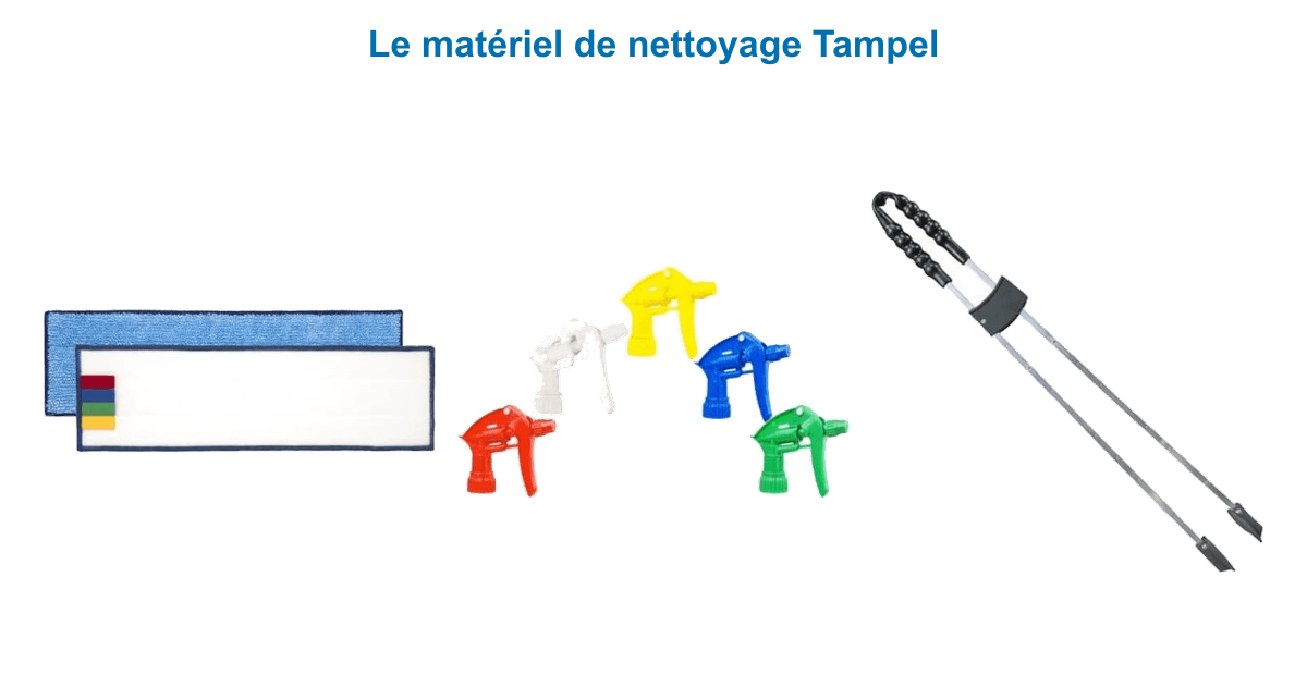 Matériel de nettoyage Tampel : frange microfibre velcro 40 cm, pulvérisateur gradué 650 ml et pince à déchets réglable ERGO-LIGHT