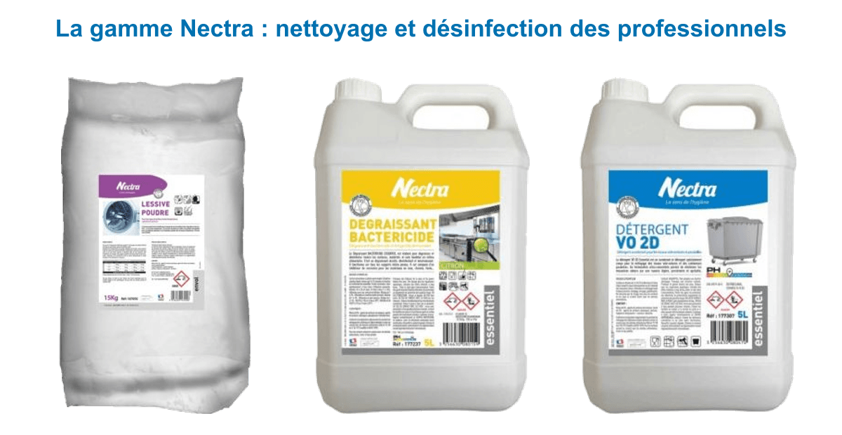Gamme Nectra : lessive en poudre ENVOL, dégraissant cuisine désinfectant alimentaire DDM et désinfectant poubelle pour professionnels