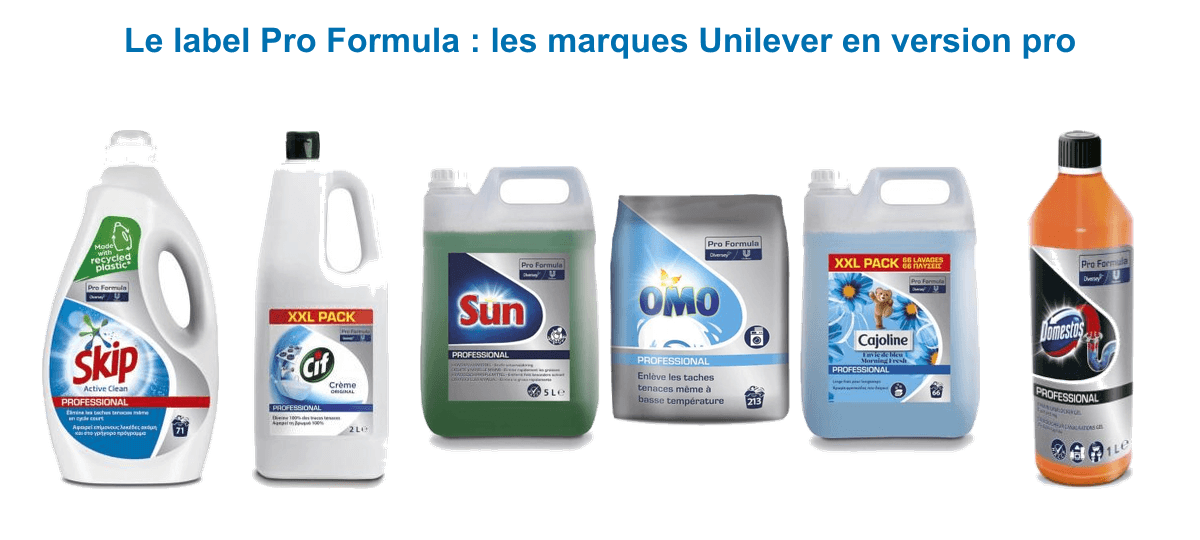 Marques Pro Formula : lessive Skip, crème Cif, liquide vaisselle Sun, poudre Omo, adoucissant Cajoline et Domestos en versions professionnelles