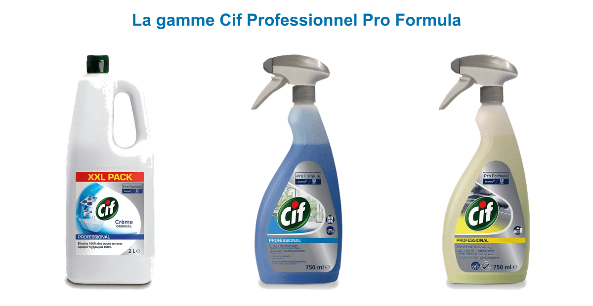 Gamme Cif Professionnel Pro Formula : crème à récurer Original 2 L, spray vitres et multi-surfaces, dégraissant puissant 750 ml