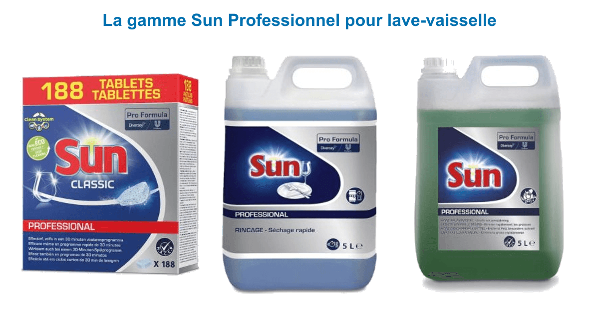 Gamme Sun Professionnel Pro Formula : tablettes lave-vaisselle Classic 188, liquide de rinçage neutre 5 L et liquide vaisselle à la main 5 L