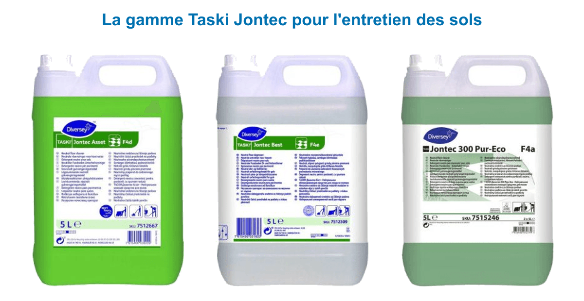 Gamme Taski Jontec pour autolaveuse : détergent sol neutre Asset F4d, dégraissant Best F4e et nettoyant 300 Pur-Eco en bidon de 5 L
