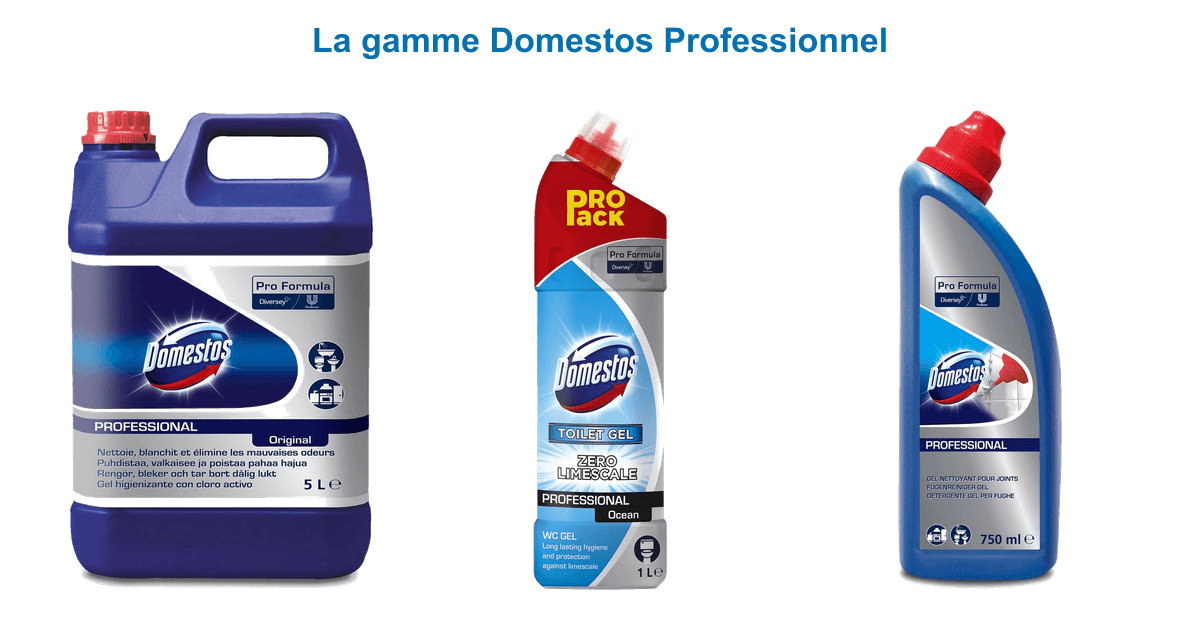 Gamme Domestos Professionnel : Original avec javel 5 L, gel WC détartrant Ocean 1 L et nettoyant joints 750 ml