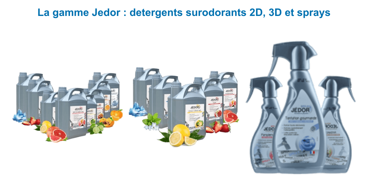 Gamme Jedor : détergent désodorisant désinfectant 3D citron 5 L, détergent désodorisant 2D 5 L et sprays surodorants