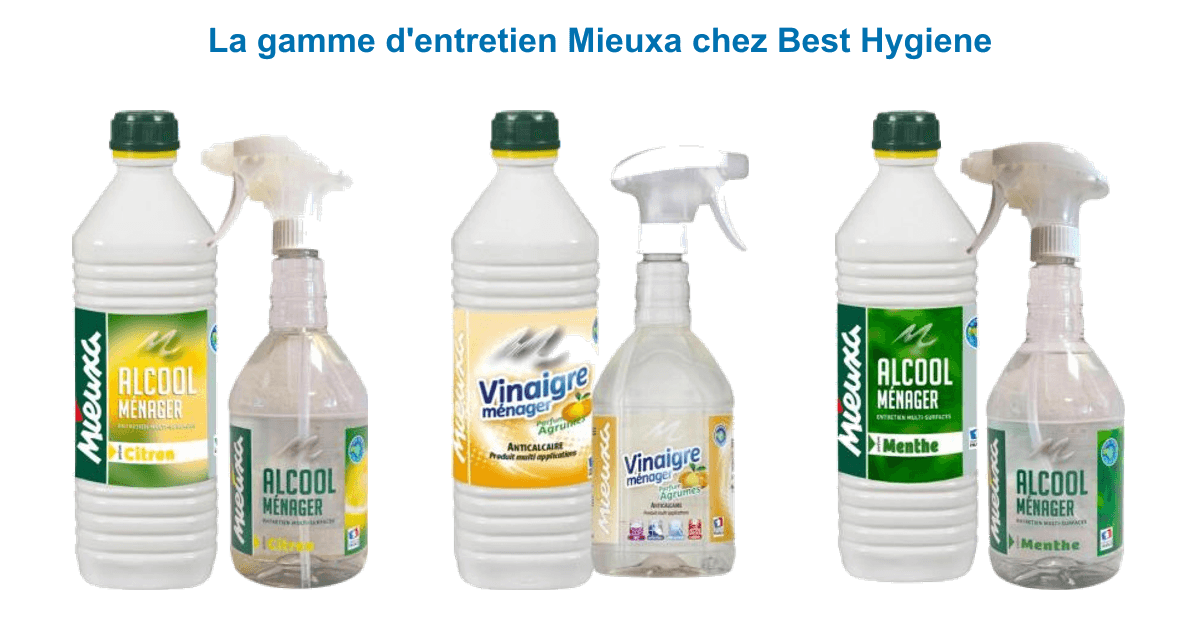 Gamme Mieuxa : alcool ménager parfumé citron, vinaigre ménager agrumes et alcool ménager menthe en bouteille de 1 L