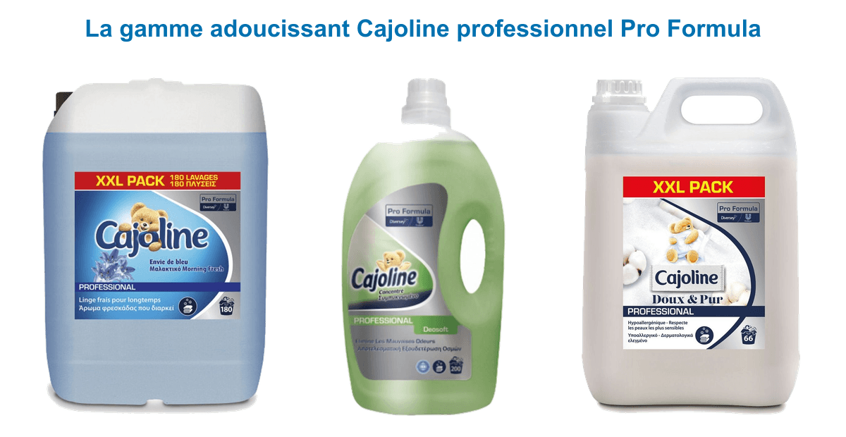 Gamme adoucissant Cajoline professionnel Pro Formula : bidons concentrés DeoSoft 5 L et assouplissant tous textiles Envie de bleu