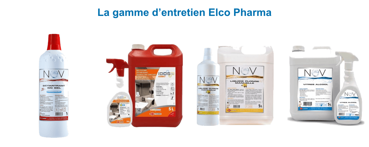 Gamme d'entretien Elco Pharma : gel détartrant WC, nettoyant détartrant sanitaires Idos, liquide vaisselle Nov et nettoyant vitres alcoolisé