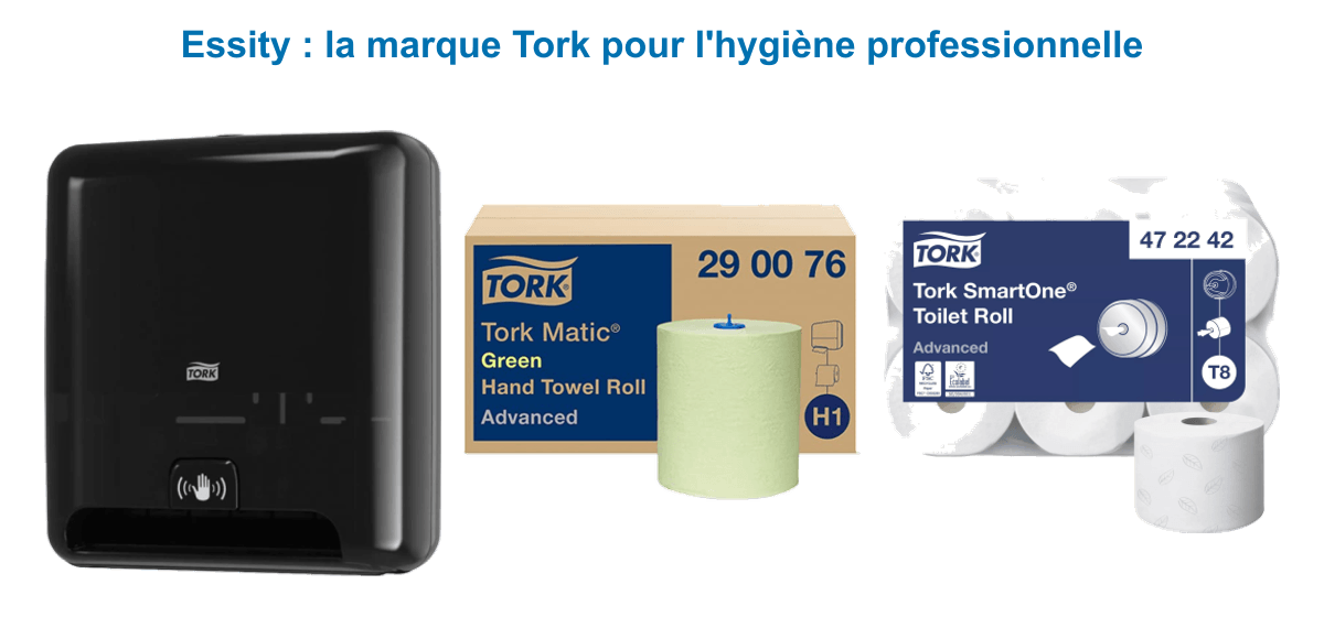 Gamme professionnelle Essity sous la marque Tork : distributeur essuie-mains Tork Matic H1, bobine essuie-mains et papier toilette SmartOne T8